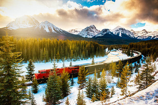 A train with panoramic windows traveling through snow-capped Canadian mountains